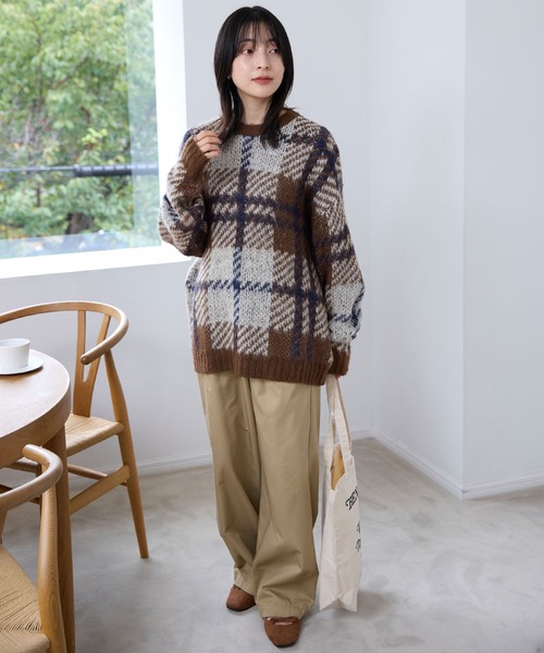 セール】チェック柄ジャガード ビッグシルエット クルーネック