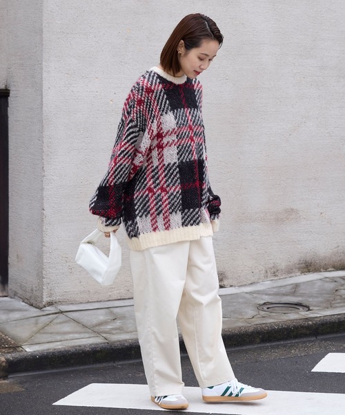 チェック柄ジャガード ビッグシルエット クルーネック ウォッシャブル