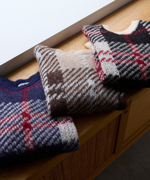 セール】チェック柄ジャガード ビッグシルエット クルーネック