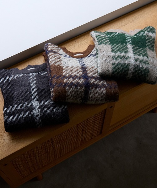 チェック柄ジャガード ビッグシルエット クルーネック ウォッシャブル