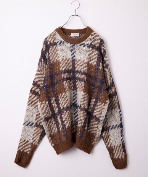 チェック柄ジャガード ビッグシルエット クルーネック ウォッシャブル