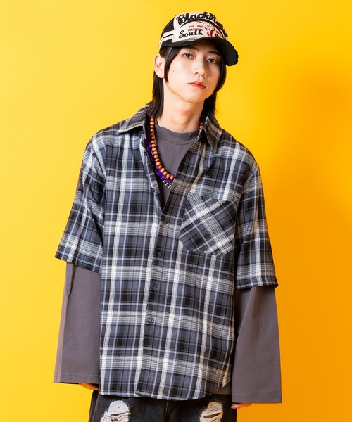 a.p.o.v. チェック柄シャツレイヤードオーバーサイズカットソー（T