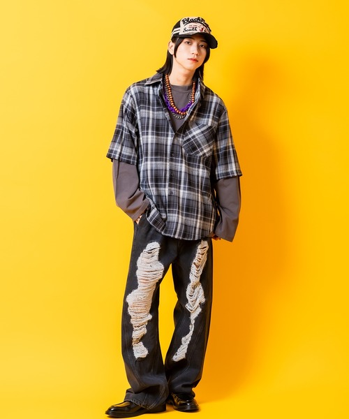 a.p.o.v.(エーピーオービー)の「a.p.o.v. チェック柄シャツレイヤードオーバーサイズカットソー(Tシャツ/カットソー・メンズ・ネイビー/ブラック・ONESIZE)」の4枚目の写真