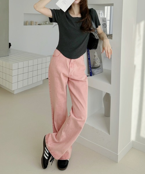 Ada.(エイダ)の「ヴィンテージ風 ウォッシュ加工 フレア デニム(デニムパンツ・レディース・ライトブルー/イエロー/ブルー/ブラウン/ピンク・L/M)」の18枚目の写真