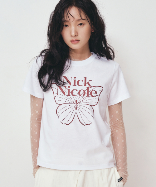 NICK&NICOLE(ニックアンドニコール)の「BUTTERFLY NICOLE LABEL SLIM TOP_WHITE BURGUNDY(Tシャツ/カットソー・レディース・その他・FREE)」の1枚目の写真