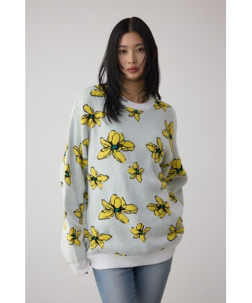 AZUL by moussy(アズールバイマウジー)の「フラワーダブルジャガードニット(ニット/セーター・メンズ・ブラック系その他/グレー系その他/ホワイト系その他・MEDIUM/LARGE)」の1枚目の写真