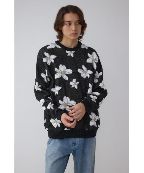 AZUL by moussy(アズールバイマウジー)の「フラワーダブルジャガードニット(ニット/セーター・メンズ・ブラック系その他/グレー系その他/ホワイト系その他・MEDIUM/LARGE)」の2枚目の写真