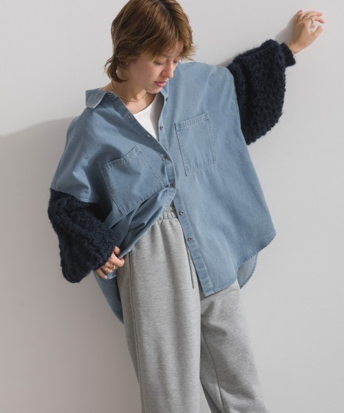 enhaut(アンオート)の「デニム*ニット ボリュームスリーブ シャツ ジャケット(デニムジャケット・レディース・ブルー/ネイビー・FREE)」の9枚目の写真