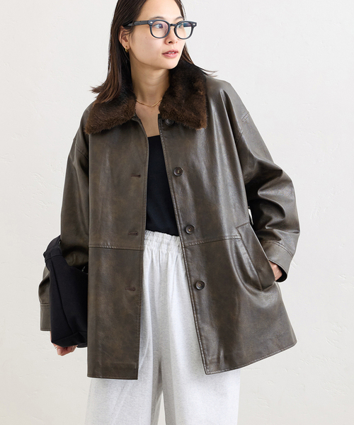 追加2》ウォッシャブルフェイクレザーファー襟付カバーオール