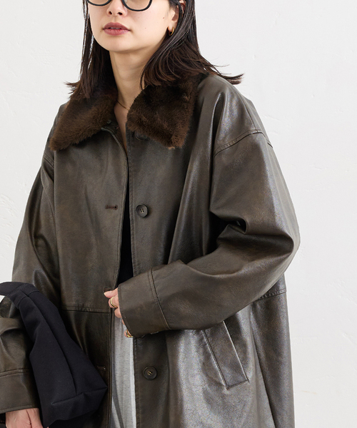 追加2》ウォッシャブルフェイクレザーファー襟付カバーオール