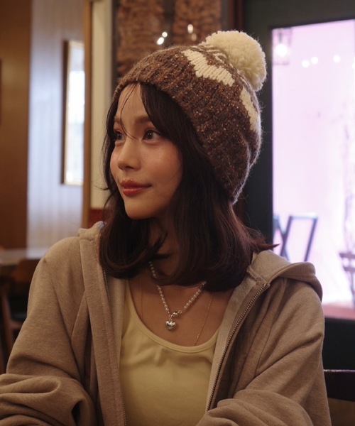 JUMELLE(ジュメロ)の「ボンボンニット帽(ニットキャップ/ビーニー・レディース・ブラウン・FREE)」の4枚目の写真