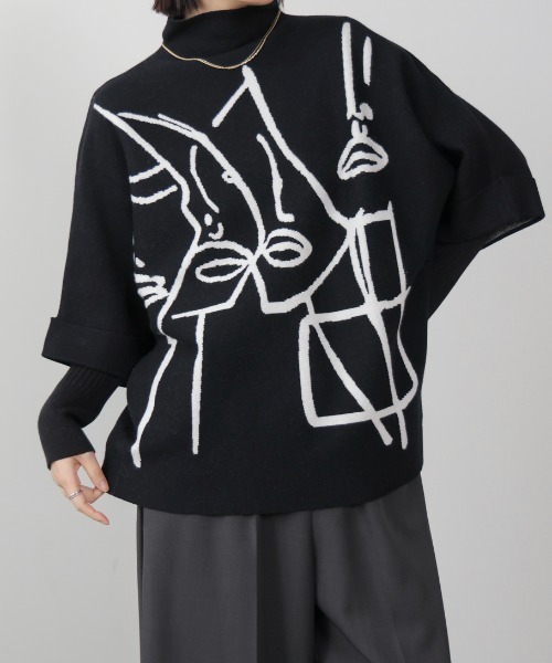 Bou Jeloud（ブージュルード）の「フェイスアートニット（ニット/セーター・レディース・オフホワイト/グレー/ブラック・FREE）」の2枚目の写真