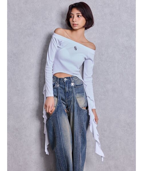 GYDA（ジェイダ）の「GG SIDE DRAPE EDGEオフショルトップス（Tシャツ/カットソー・レディース・ネイビー/チャコールグレー/オフホワイト・FREE）」の14枚目の写真