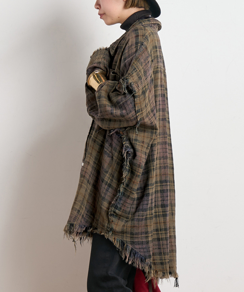 R13/アールサーティーン】SHREDDED SEAM DROP NECK SHIRT（シャツ