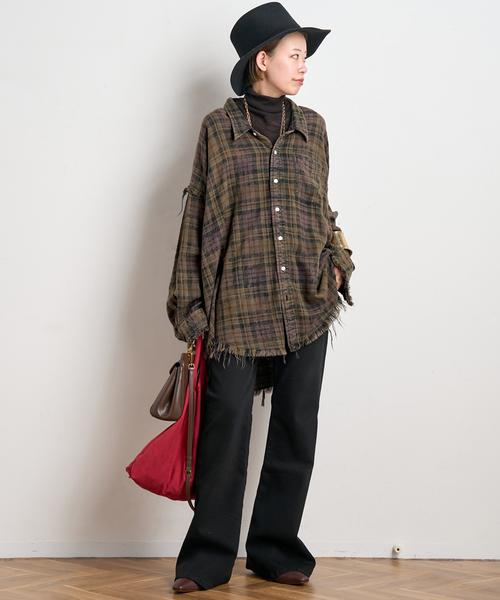 R13/アールサーティーン】SHREDDED SEAM DROP NECK SHIRT（シャツ