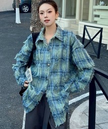 【portulaca】エッジフリンジチェックルーズシャツ