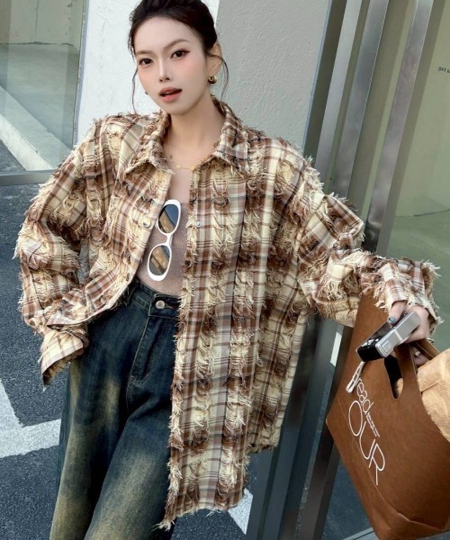 almo(アルモ)の「【portulaca】エッジフリンジチェックルーズシャツ(シャツ/ブラウス・レディース・ホワイト/ブルー/グリーン/ブラウン・FREE)」の16枚目の写真