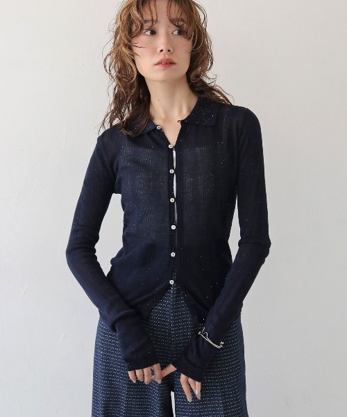 CLEIO（クレイオ）の「【CLEIO】ランダムリブスパンコールシアーポロニット RANDOM RIB SEQUIN SHEER POLO KNIT（ポロシャツ・レディース・ホワイト系その他/ピンク/ネイビー・FREE）」の3枚目の写真
