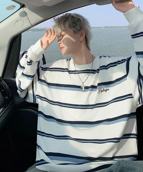 WESTBOY(ウエストボーイ)の「ボーダー オーバーサイズ ロングスリーブTシャツ WO26S2TP05(Tシャツ/カットソー・メンズ・ブラック/ホワイト・L/M/XL)」の3枚目の写真