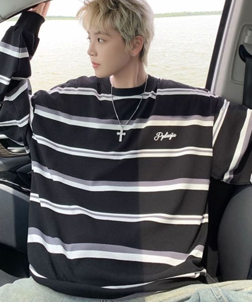 WESTBOY(ウエストボーイ)の「ボーダー オーバーサイズ ロングスリーブTシャツ WO26S2TP05(Tシャツ/カットソー・メンズ・ブラック/ホワイト・L/M/XL)」の8枚目の写真