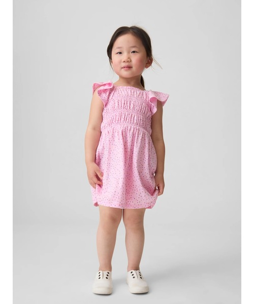07 フェラガモ フリルスリーブワンピース Size40 L ピンク正規品 セール】スモッキングギャザー フラッターフリルスリーブ ワンピース