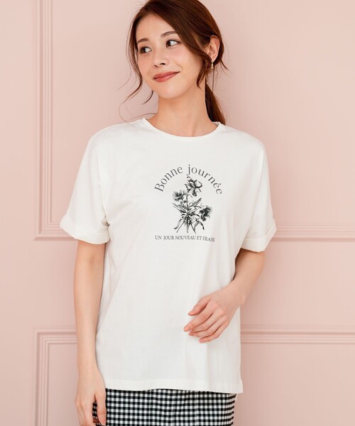 ANY SIS(エニィスィス)の「フラワープリント ロゴTシャツ(Tシャツ/カットソー・レディース・ネイビー系/ホワイト系/ライトグレー系・X-SMALL)」の1枚目の写真