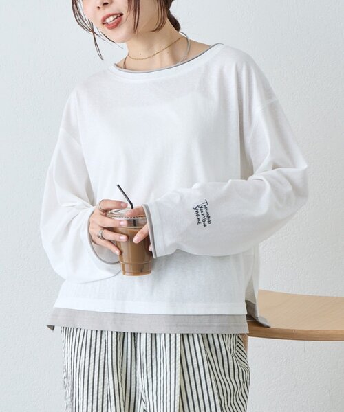 CIAOPANIC TYPY(チャオパニックティピー)の「【新色登場/ドット柄あり】フェイクレイヤードシアースラブ刺繍オーバーTee(Tシャツ/カットソー・レディース・ピンク/ベージュ/ブラック/サックスブルー/ライトグレー/ホワイト/ブルー/オレンジ/アイボリー・ONE SIZE)」の2枚目の写真