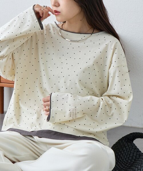 CIAOPANIC TYPY(チャオパニックティピー)の「【新色登場/ドット柄あり】フェイクレイヤードシアースラブ刺繍オーバーTee(Tシャツ/カットソー・レディース・ピンク/ベージュ/ブラック/サックスブルー/ライトグレー/ホワイト/ブルー/オレンジ/アイボリー・ONE SIZE)」の3枚目の写真