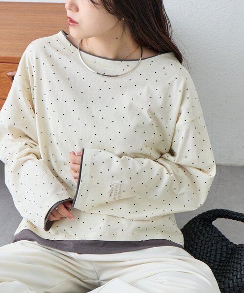 CIAOPANIC TYPY(チャオパニックティピー)の「【新色登場/ドット柄あり】フェイクレイヤードシアースラブ刺繍オーバーTee(Tシャツ/カットソー・レディース・ピンク/ベージュ/ブラック/サックスブルー/ライトグレー/ホワイト/ブルー/オレンジ/アイボリー・ONE SIZE)」の10枚目の写真