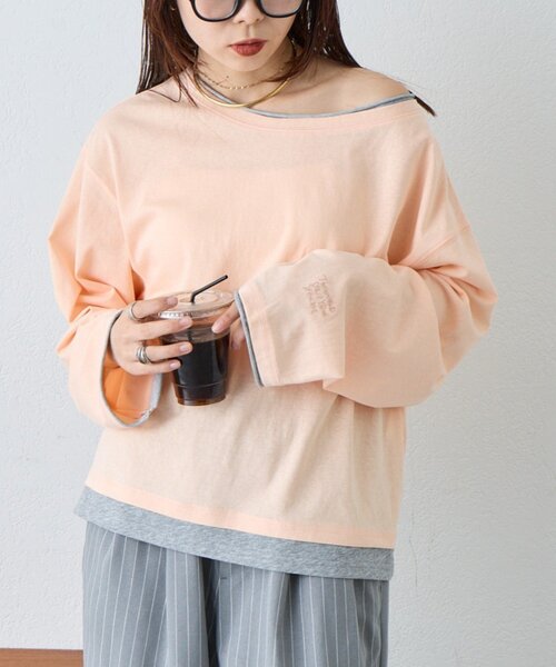 新色登場/夏も快適】フェイクレイヤードシアースラブ刺繍オーバーTee