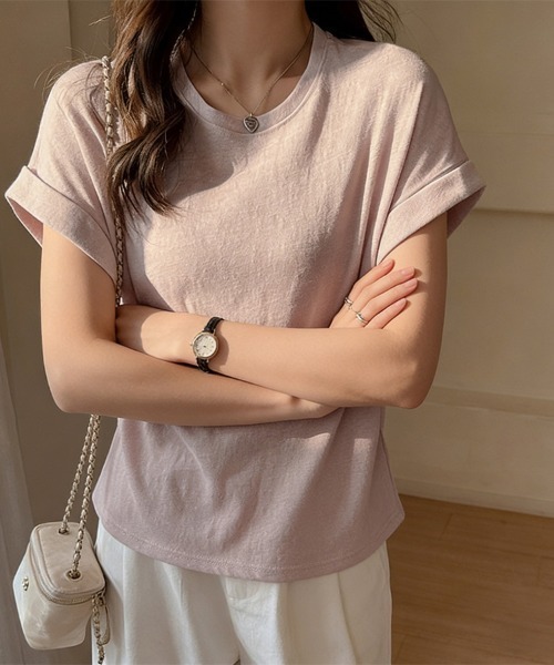 ONEP STAR(ワンピスター)の「ロールアップ袖×ラウンドネックTシャツ(Tシャツ/カットソー・レディース・グレー/ライトブルー/ブラック/ピンク/ホワイト・X-LARGE/LARGE/MEDIUM)」の5枚目の写真