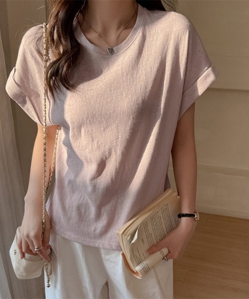 ONEP STAR(ワンピスター)の「ロールアップ袖×ラウンドネックTシャツ(Tシャツ/カットソー・レディース・グレー/ライトブルー/ブラック/ピンク/ホワイト・X-LARGE/LARGE/MEDIUM)」の6枚目の写真