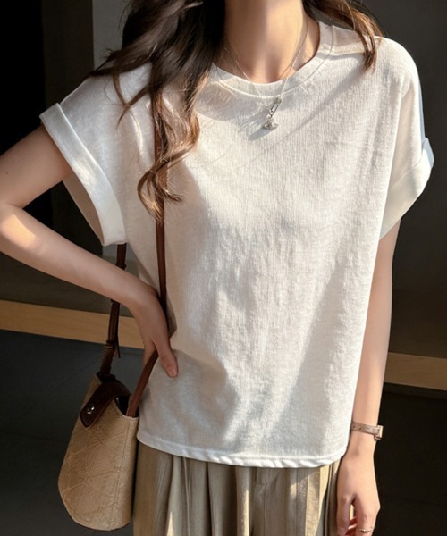 ONEP STAR(ワンピスター)の「ロールアップ袖×ラウンドネックTシャツ(Tシャツ/カットソー・レディース・グレー/ライトブルー/ブラック/ピンク/ホワイト・X-LARGE/LARGE/MEDIUM)」の13枚目の写真