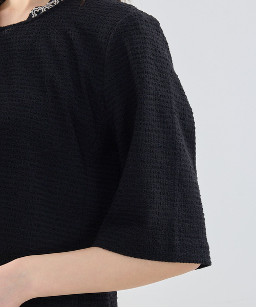 NARACAMICIE（ナラカミーチェ）の「【NARACAMICIE】シュリンクジャガード六分袖ジャケット（ノーカラージャケット・レディース・ブラック/ホワイト・M/L）」の9枚目の写真