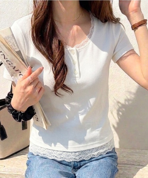 muet.（ミュエ）の「ヘンリーネックレースレイヤード風リブトップス（Tシャツ/カットソー・レディース・杢グレー/ブラック/オフホワイト・MEDIUM/LARGE）」の2枚目の写真
