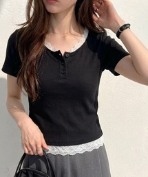 muet.（ミュエ）の「ヘンリーネックレースレイヤード風リブトップス（Tシャツ/カットソー）」