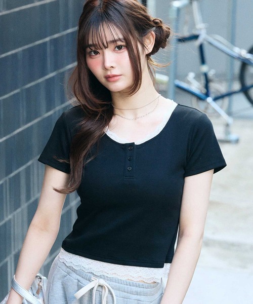 muet.（ミュエ）の「ヘンリーネックレースレイヤード風リブトップス（Tシャツ/カットソー・レディース・杢グレー/ブラック/オフホワイト・MEDIUM/LARGE）」の21枚目の写真