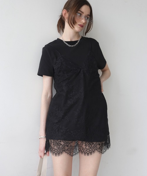 Mili affinity（ミリアフィニティー）の「Tシャツドッキングレースキャミワンピース（Tシャツ/カットソー・レディース・オフホワイト/ブラック/杢グレー・FREE）」の2枚目の写真