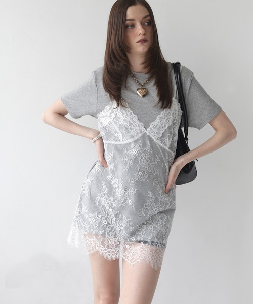 Mili affinity（ミリアフィニティー）の「Tシャツドッキングレースキャミワンピース（Tシャツ/カットソー・レディース・オフホワイト/ブラック/杢グレー・FREE）」の4枚目の写真