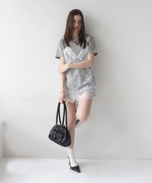 Mili affinity（ミリアフィニティー）の「Tシャツドッキングレースキャミワンピース（Tシャツ/カットソー・レディース・オフホワイト/ブラック/杢グレー・FREE）」の11枚目の写真