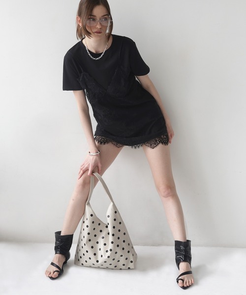 Mili affinity（ミリアフィニティー）の「Tシャツドッキングレースキャミワンピース（Tシャツ/カットソー・レディース・オフホワイト/ブラック/杢グレー・FREE）」の22枚目の写真