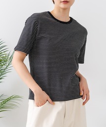 【C-FORTPOINT/フォートポイント】【細見え スタイルアップ効果】細ボーダー ジャガードリブTシャツ 着痩せ きれいめ オフィス 通勤 大人カジュアル フレンチシック
