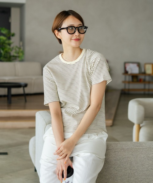 fort point(フォーポイント)の「【C-FORTPOINT/フォートポイント】【細見え スタイルアップ効果】細ボーダー ジャガードリブTシャツ 着痩せ きれいめ オフィス 通勤 大人カジュアル フレンチシック(Tシャツ/カットソー・レディース・アイボリー/ブラック/ライトブラウン/杢グレー/ネイビー・ONE SIZE)」の15枚目の写真