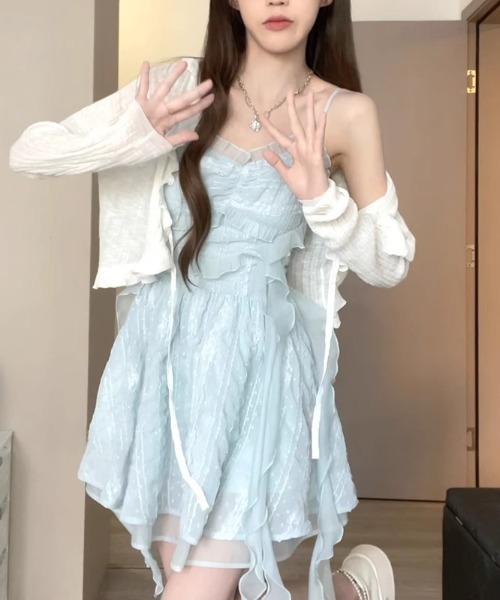 CHUL(チュル)の「フリルシアーショートボレロ(カーディガン/ボレロ・レディース・パープル/ピンク/ブルー/アイボリー・FREE)」の5枚目の写真