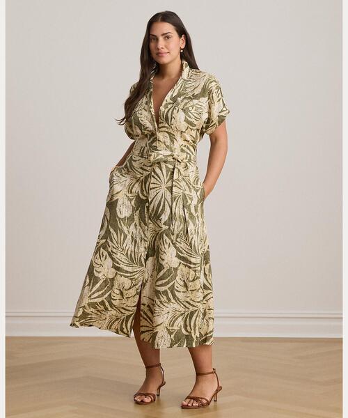 LAUREN RALPH LAUREN(ローレン ラルフ ローレン)の「パームフロンドプリント リネン キャンプ シャツドレス(シャツワンピース・レディース・グリーン系2・00/6/4/0/2)」の4枚目の写真