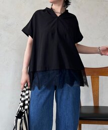 麻調裾レースブラウス