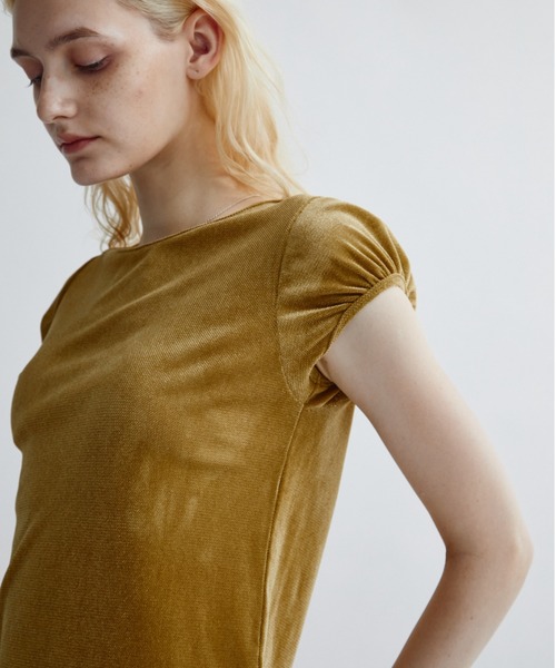ANF.MUU(アンフムー)の「【ロゴプレート付き】フロッキーベロアフレンチスリーブT(Tシャツ/カットソー・レディース・ブラウン/グレー/オフホワイト/グリーン・FREE)」の1枚目の写真