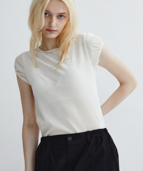 ANF.MUU(アンフムー)の「【ロゴプレート付き】フロッキーベロアフレンチスリーブT(Tシャツ/カットソー・レディース・ブラウン/グレー/オフホワイト/グリーン・FREE)」の13枚目の写真