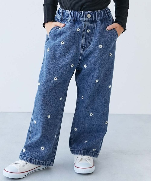 devirock(デビロック)の「360度かわいい ハートと花がえらべる 全面 刺繍 デニム ワイドパンツ(デニムパンツ・キッズ・ネイビー系2/サックスブルー系1/ネイビー系1/サックスブルー系2/サックスブルー系3/ブラック系・100cm/110cm/120cm/130cm/140cm/150cm/160cm)」の4枚目の写真