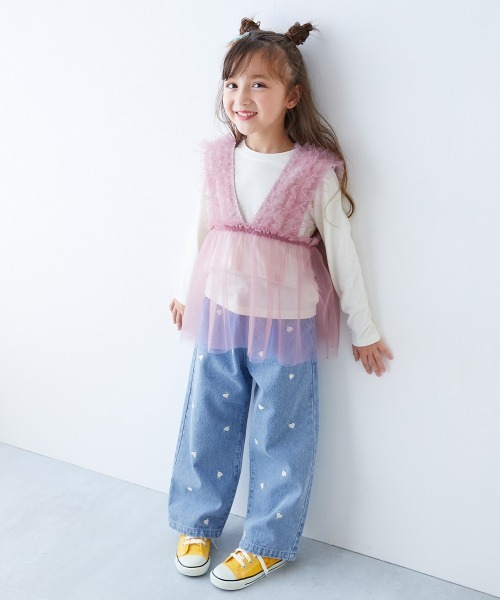 devirock(デビロック)の「360度かわいい ハートと花がえらべる 全面 刺繍 デニム ワイドパンツ(デニムパンツ・キッズ・ネイビー系2/サックスブルー系1/ネイビー系1/サックスブルー系2/サックスブルー系3/ブラック系・100cm/110cm/120cm/130cm/140cm/150cm/160cm)」の8枚目の写真